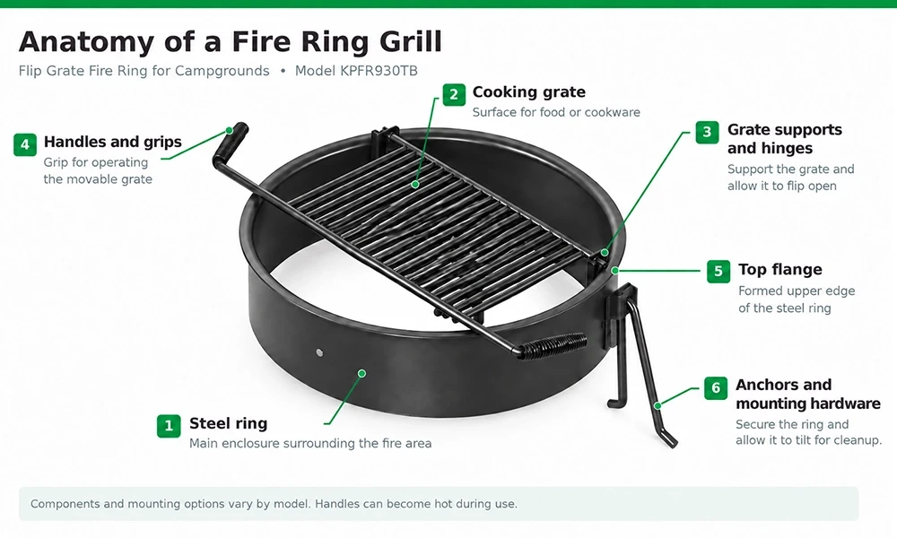 Fire ring grill diagram identifying the top flange around the steel enclosure, cooking grate, supports, handles, and anchors.